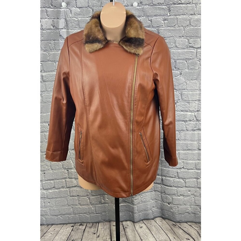 Dennis Basso Madison Avenue Faux Leather Moto Jacket Size 16